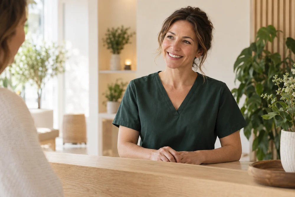 A welcoming conversation in a wellness studio, illustrative imagery